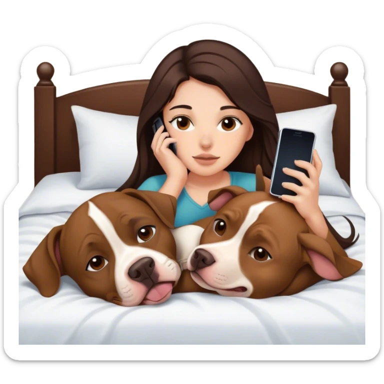 Girl long dark brown hair in layers cascading  down her face lays bed with her cell phone and her brown pit bull lays guarding her sticker