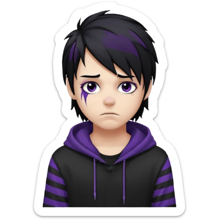 emo teen boy with long one-side messy black hair, dark hoodie with white and purple striped sleeves, piercings on his nose, dark eyeshadow sticker