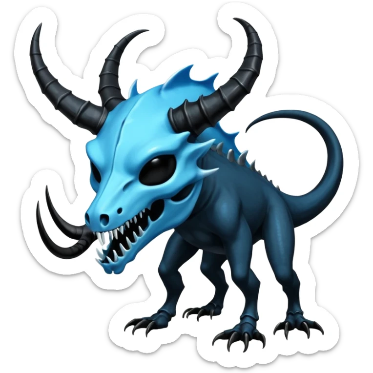 Shiny Dark Edgy  Salandit-Inteleon-Amaura-Fakémon-hybrid-creature (full body) with a horned animal-skull-mask sticker