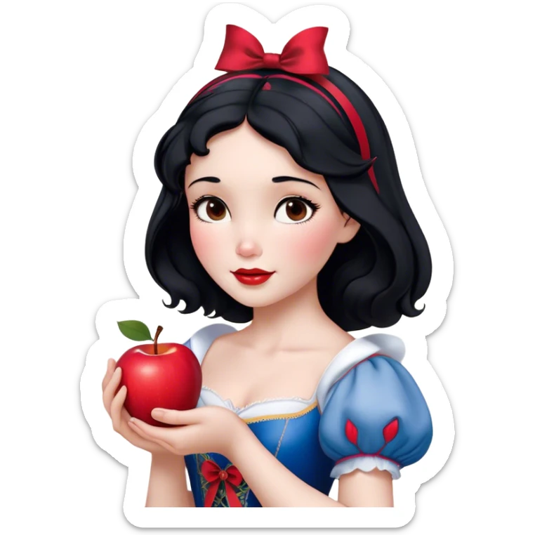 Cinematic Realistic Snow White Portrait, depicted with lifelike skin texture, soft natural lighting, and intricately detailed black hair styled with a red ribbon. Her soft brown eyes radiate innocence and kindness, complemented by a warm, gentle smile. She holds an apple in one hand, her other hand resting against her cheek, embodying her purity and charm. She is dressed in her classic yellow, blue, and red gown, the fabric rich in texture with delicate folds that catch the light beautifully. The portrait features a soft, natural glow with a radiant finish, capturing the essence of timeless beauty in a realistic and painterly style. sticker