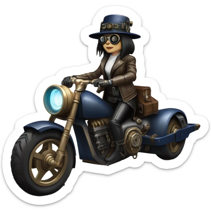 Bounty hunter Wednesday Addams Jedi wearing a pair of navy-blue rimmed steampunk goggles, hat, leather chaps, fringe jacket riding a relaxed distressed 1932 sci-fi 3 wheeled steampunk electric motorcycle with large fenders and saddlebags in desert town  sticker