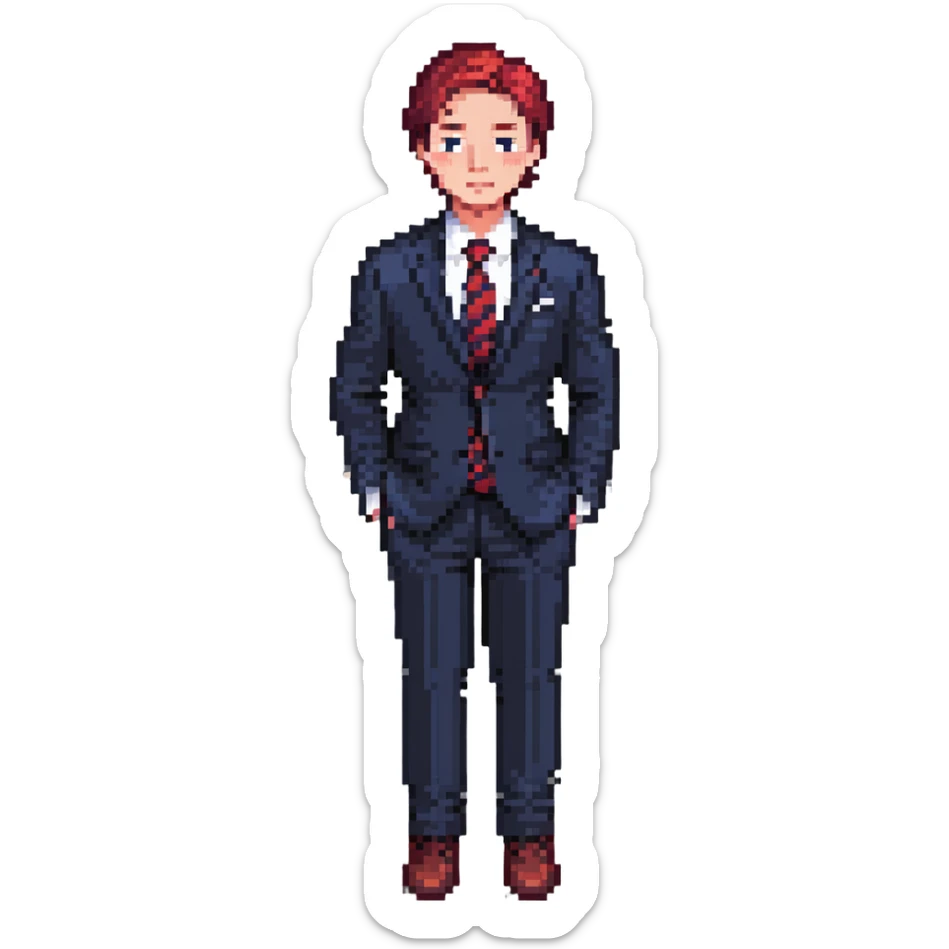 man wearing a dark blue-gray business suit with black horizontal stripes on the arms and legs, white shirt and red tie sticker