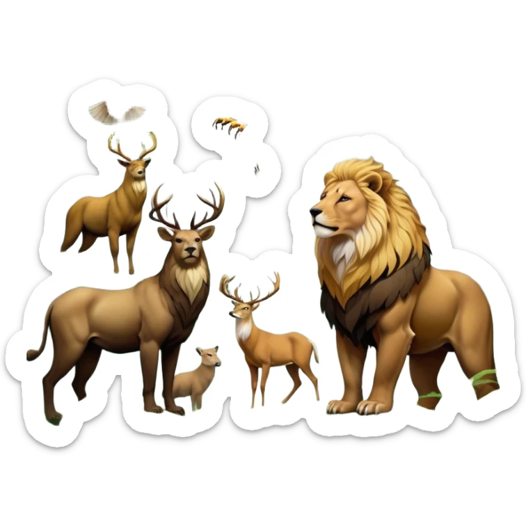 Collage of wild animals: a majestic bear in a lush green forest, a roaring lion on the savanna, a soaring eagle in the sky, and a graceful deer in the misty woods. A vibrant and detailed nature scene, capturing the beauty of wildlife. Transparent background. sticker