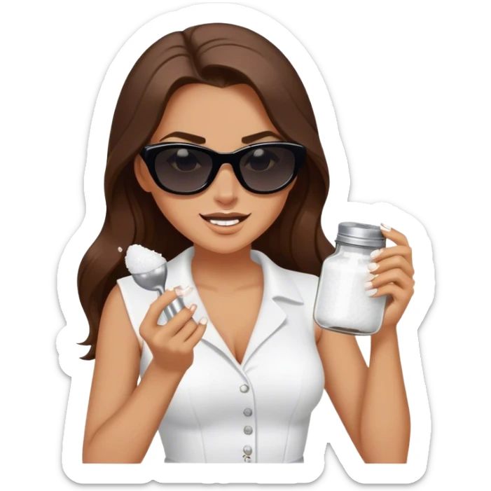 sassy woman with long brown hair and dark sunglasses holding a salt shaker filled with white table salt. She is shaking and sprinkling the salt. She is smirking.  sticker
