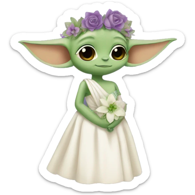 baby yoda in a wedding dress with a green and purple floral crown sticker