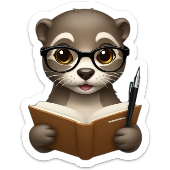 female Otter with round glasses holding a couple journals and a pen sticker