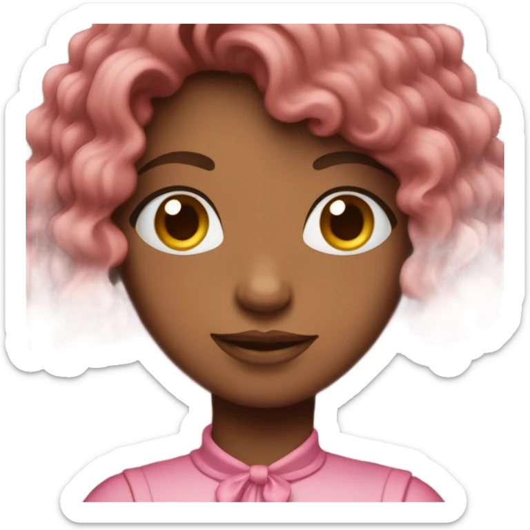 cute pink out fit,  brown long curly hair with a bow in it. brown skin and dark eyes sticker