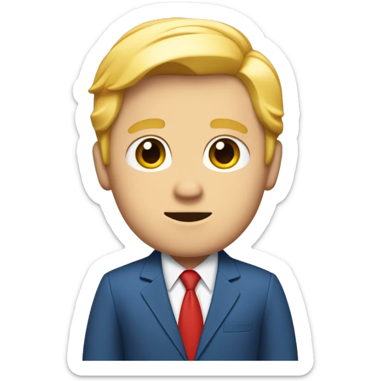 White guy with blond hair and orangish skin wearing a blue suit and red tie with one ear covered with paper  sticker