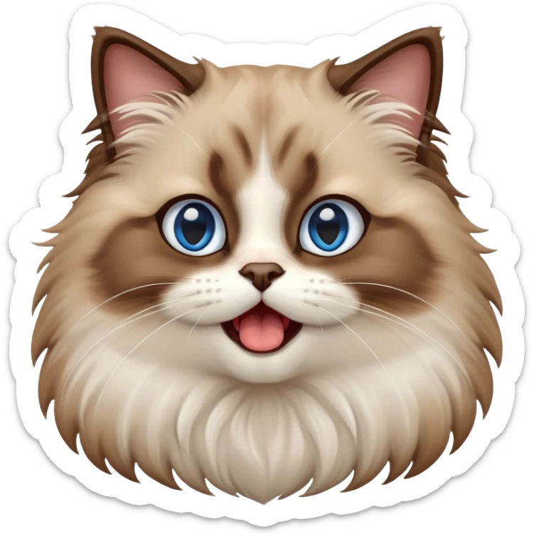 cinematic-adorable-big-eyed-fluffy-brown ragdoll-cat-portrait-emoji,-head-tilted-playfully-with-a-cute,-yawn,-white and brwon fur,-simplified-yet-irresistibly-cute-features, blue eyes sticker