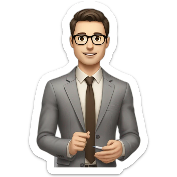 Pale skinned fit man with dark brown hair in gray jacket, beige office shirt, brown tie, brown pants and vintage glasses Writing on the marker board sticker