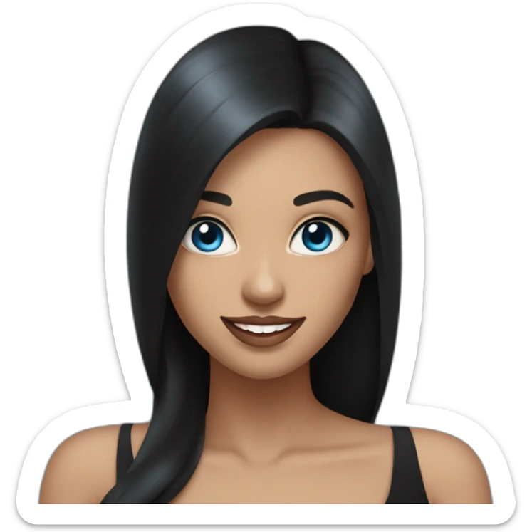 young woman with blue eyes, dark long straight hair, big nude lips, big smile, black dress sticker