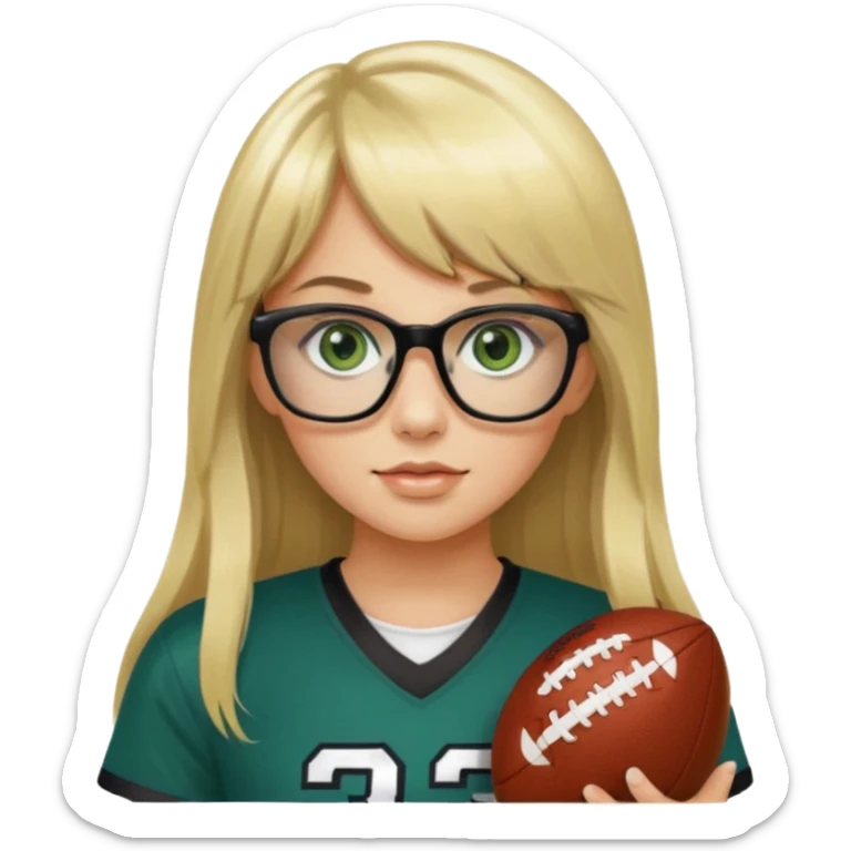 long blonde hair with bangs black rectangle glasses female green eyes football player wearing eagles jersey number 33 holding football sticker