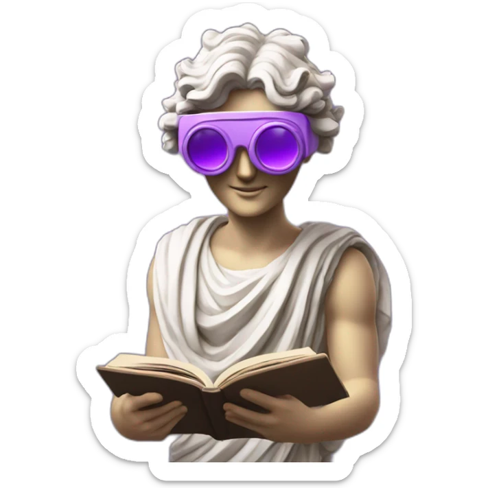 an EMOJI OF A ancient young greek statue reading a book, wearing VR glasses, purple colors, DIGITAL UNIVERSE sticker