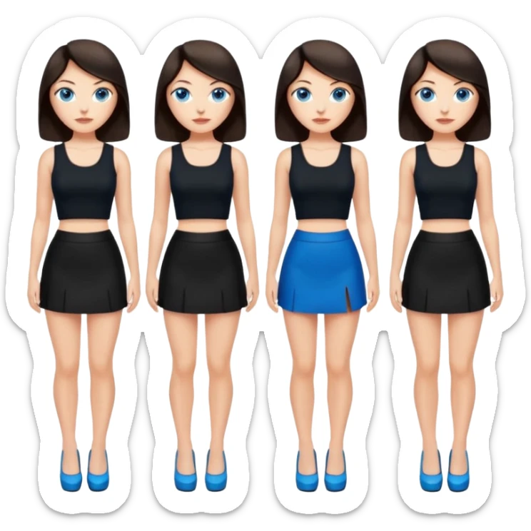 realist caucasian woman, long dark brown hair, blue eyes, black crop top, black mini skirt, high heel black shoes, full body, emoji style, different pose sticker