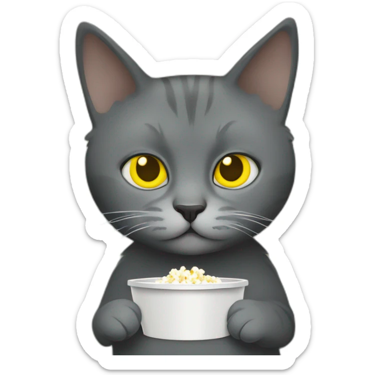 Grey Russian cat with honey yellow like eyes tucked with a dark wood like green Pendleton Navajo like blanket eating popcorn while watching a horror movie sticker