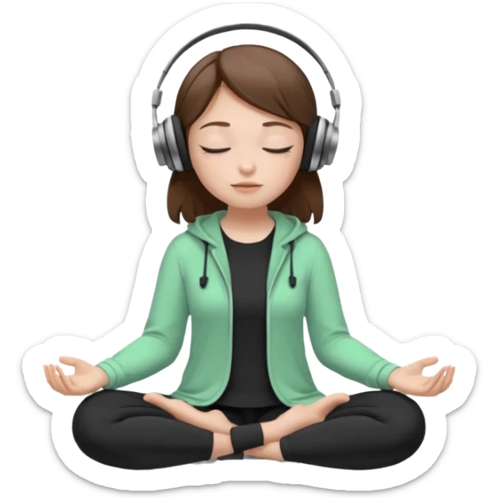 White girl, brown hair meditating with headphones on and black and pastel green clothes, eyes closed sticker