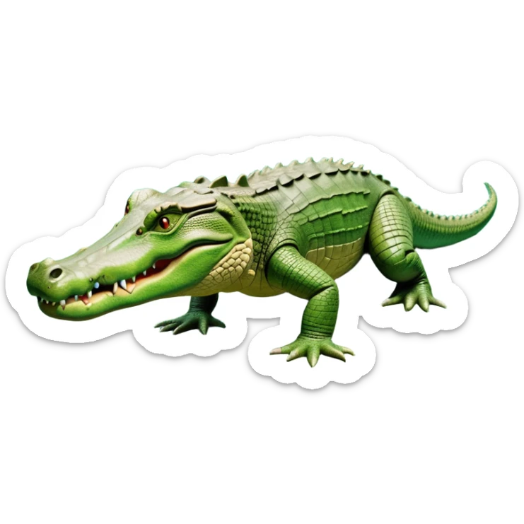 cinematic-crocodile-realistic-full-body-on all fours-emoji,-massive-scaled-body-partially-submerged-in-shallow-water,-head-tilted-dramatically,-rough-green-and-brown-hide-textured-with-deep-ridges,-simplified-yet-realistic-focused-features, head held high sticker