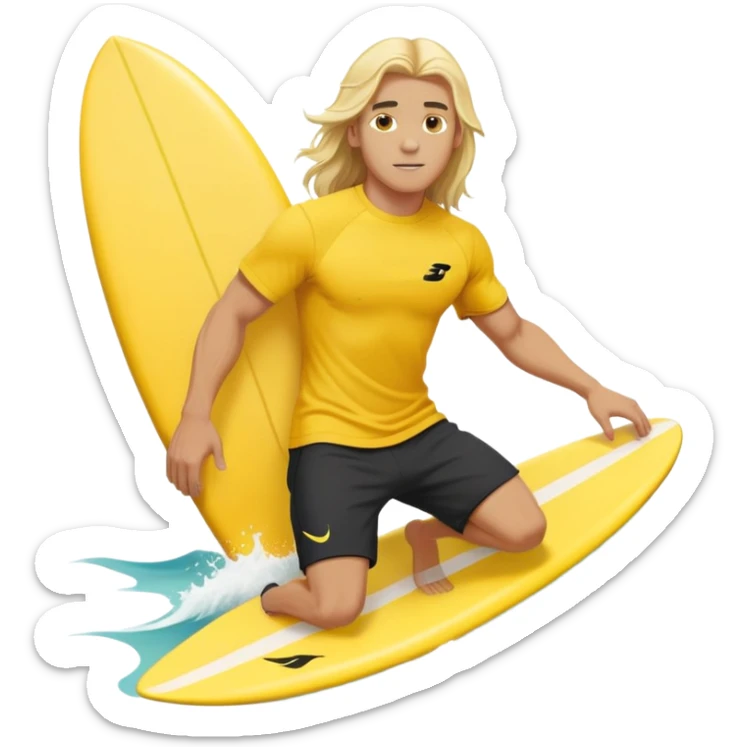 Man surfing on a yellow white board with long blond hair, yellow t-shirt with black Nike logo in center of chest, black baggy sweatpants. sticker