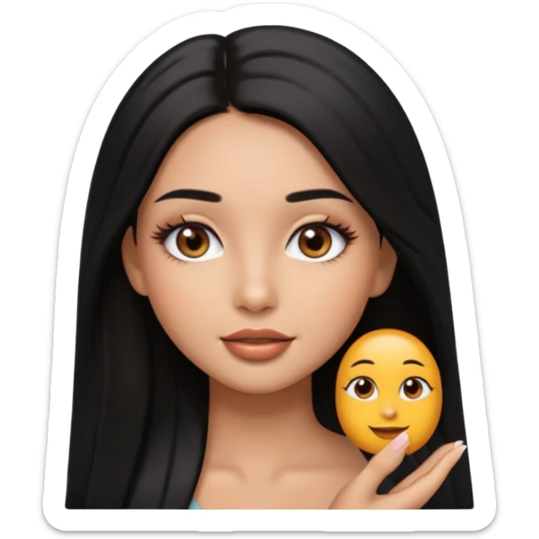 pretty cartoon girl, semi-realistic 3D emoji style, long middle parted straight black hair, tan skin, brown eyes, long eyelashes, soft glam makeup, glossy lips, smooth skin, cute aesthetic,  sticker