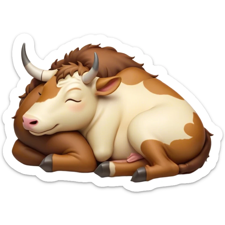Meme-Worthy Cute Sleeping Domestic Ox Portrait Emoji, Head resting peacefully with a contented smile, showcasing a massive, sturdy build and a luxuriously soft hide, eyes gently closed in serene, restful slumber, Simplified yet hilariously adorable features, highly detailed, glowing with a soft, drowsy natural light, high shine, relaxed and utterly lovable, stylized with an air of playful laziness, soft glowing outline, capturing the essence of a sleeping ox that feels destined to become the next viral sensation of adorable rest! sticker