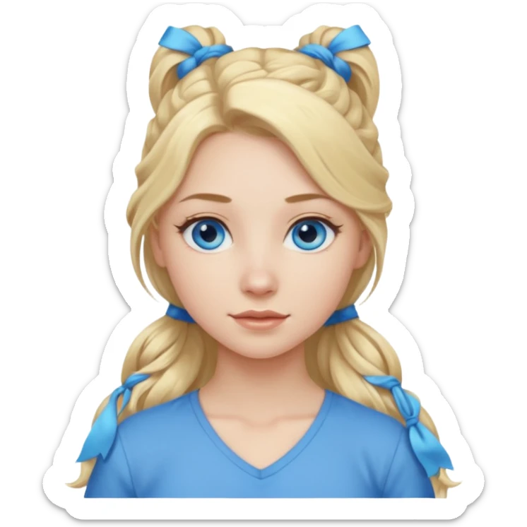 A pale girl with blue eyes and long and blonde , wavy hair in a pony tail sticker