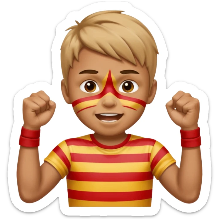 A boy with stripes face paint across his cheeks, raising his fists in excitement. sticker