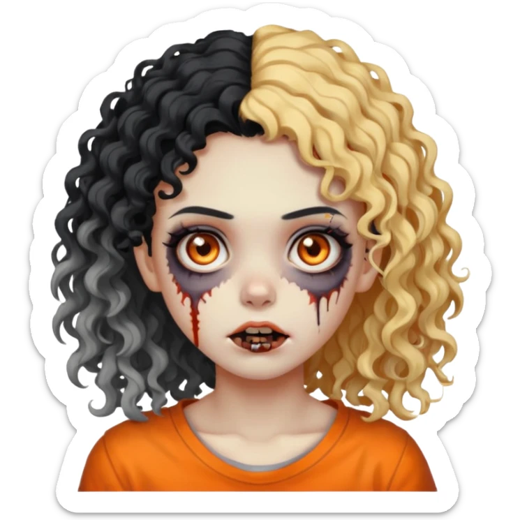 Faça uma garota zumbi de cabelo cacheado preto e uma mecha descolorida meio alaranjada do lado esquerdo sticker