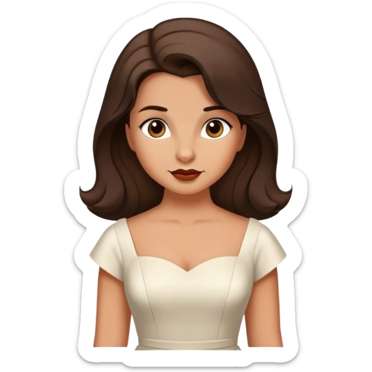 Beautiful woman in 1950’s woman fashion look, white dress, long dark brown hair, wombat sticker