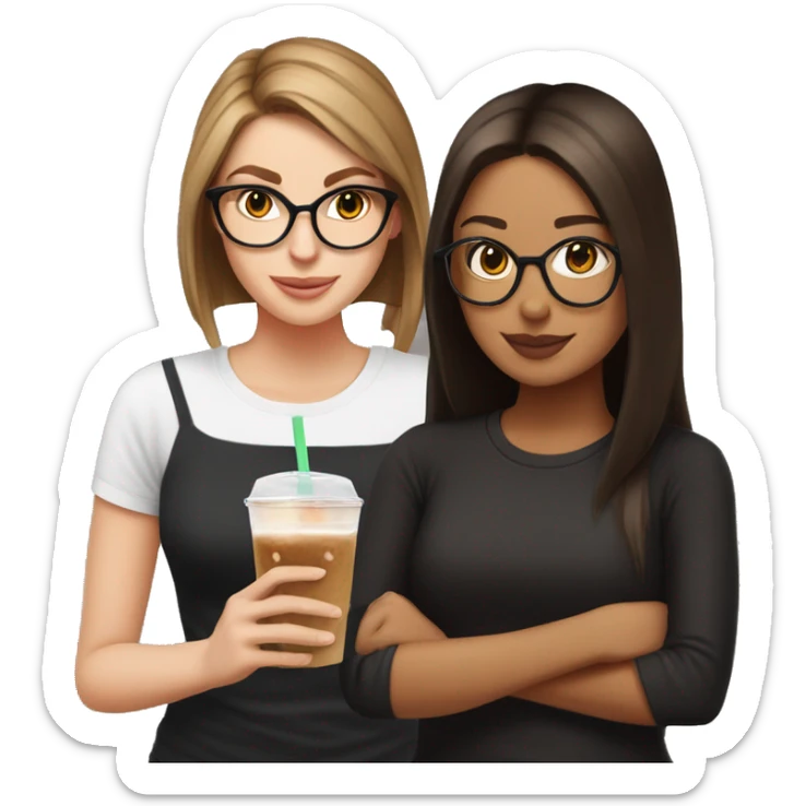 White girl with librarian glasses, a black shirt, long straight brown hair in a low ponytail drinking an iced coffee from dunkin sticker