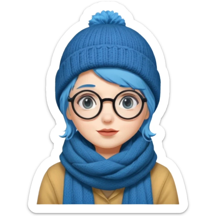 A shy blue straight hair woman with big round glasses and thick scarf and a beanie, blushing from the cold. sticker