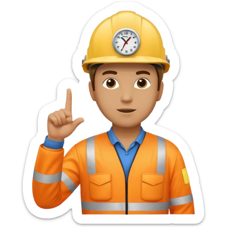 a guy wearing safety outfit with helmet standing and pointing finger to 3 oclock direction sticker
