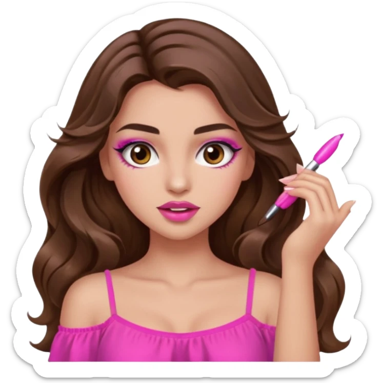 girl with long wavy brown hair, brown eyes, long lashes makeup, sexy pink lips, light to medium complexion, pink sexy top,slapping sticker