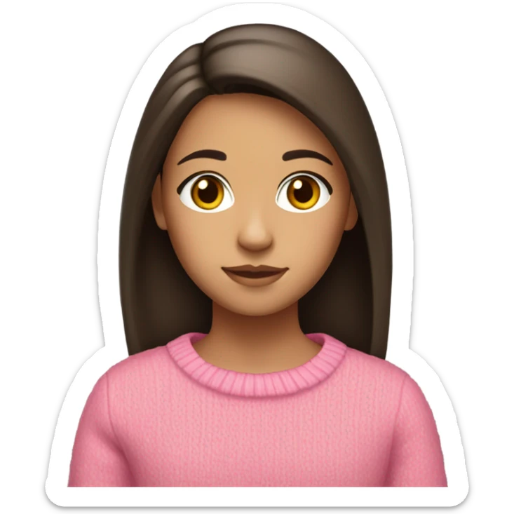 12 year old girl with dark brown hair and eyes, straight and medium length hair who is tan with a pink sweater sticker