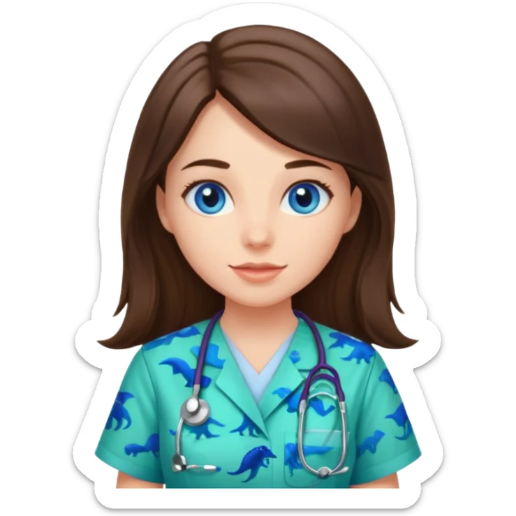 pretty brunette nurse with long hair and blue eyes in dinosaur pattern scrubs sticker