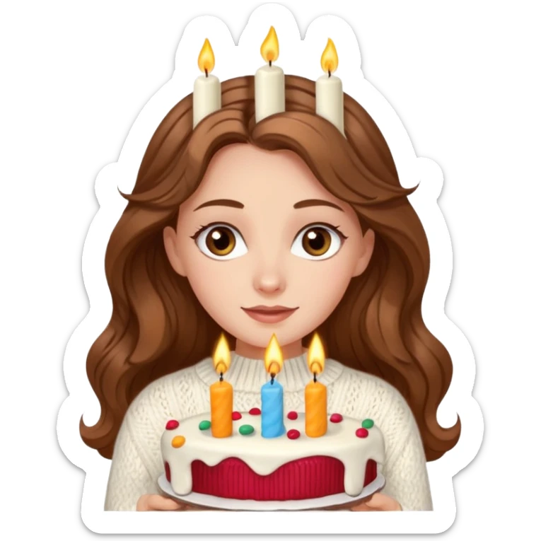 A pretty white girl with hazel brown eyes and long brown wavy hair in a cosy white knit sweater, she is celebrating her birthday sticker