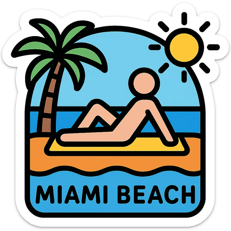 color outline icon of a person sun tanning with Miami beach, palm tree, and sun sticker