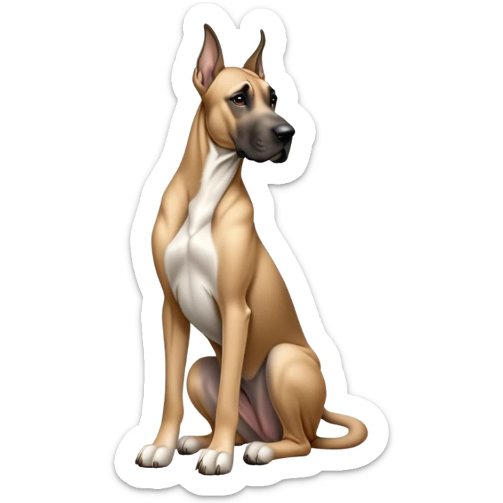 cinematic-[fawn great dane]-realistic-full-body-sitting-emoji,-tail-resting-loosely-beside-its-paws,-head-tilted-dramatically, ears drooped, -sleek-[fawn]-fur,-simplified-yet-realistic-focused-features,-highly-detailed,-glowing-with-an-almost-sarcastic-glow sticker