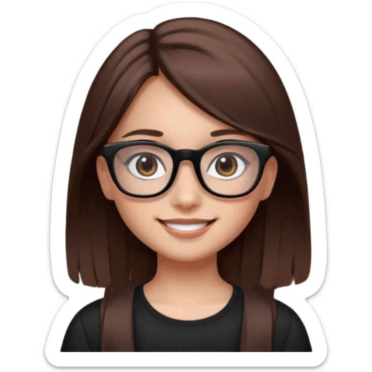 une ado, brune aux cheuveux tres fonces longs lisses blanche, ,lunettes carres noires, yeux bruns fonces joues rose sticker