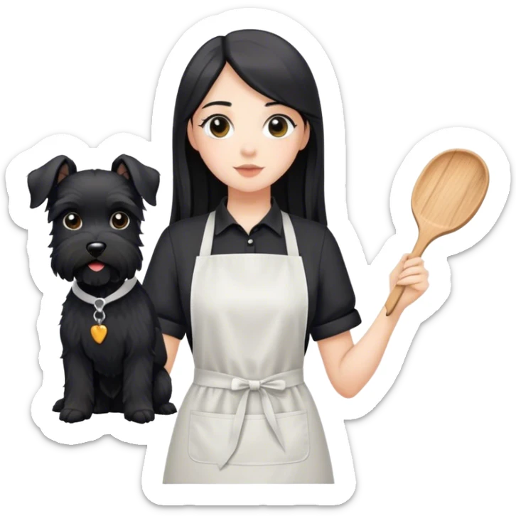 pale girl with long back hair wearing black long shirt wearing apron holding black  schnauzer sticker