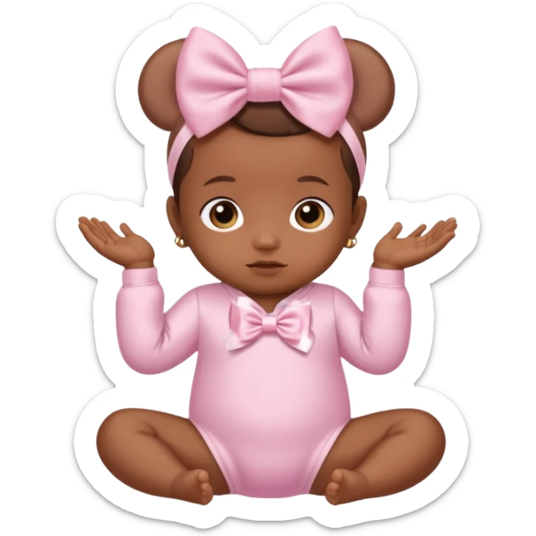 Brown skin baby with satin baby pink onesie and white bow sticker