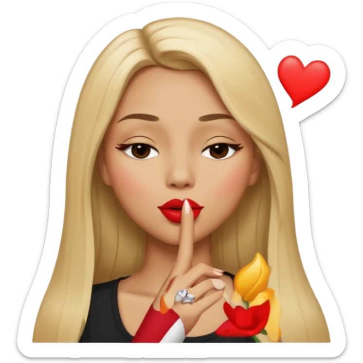 Mujer color de piel moreno claro, con cabello rubio largo, lacio y suelto, ojos negros, un ojo cerrado, mandando un beso de lado  sticker