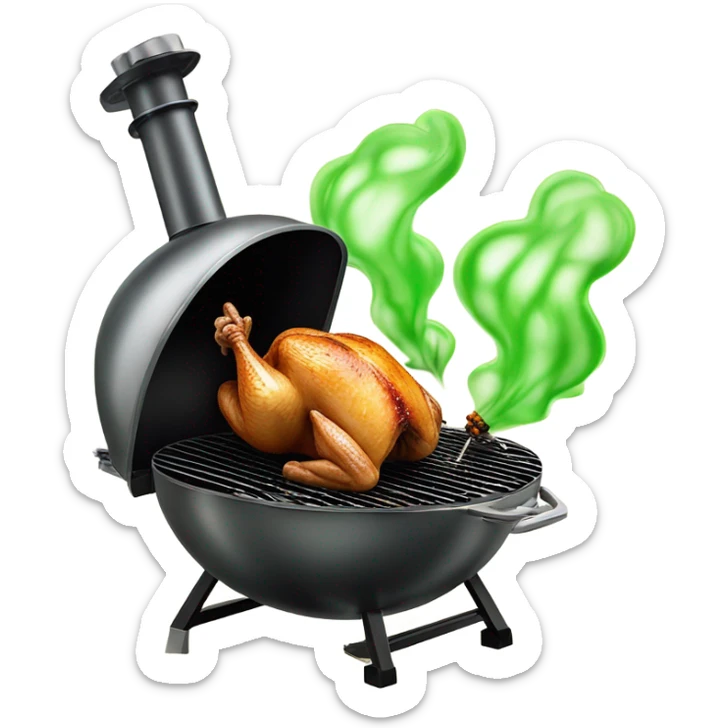 Rotisserie chicken smoking on a grill with green gas coming out of it sticker