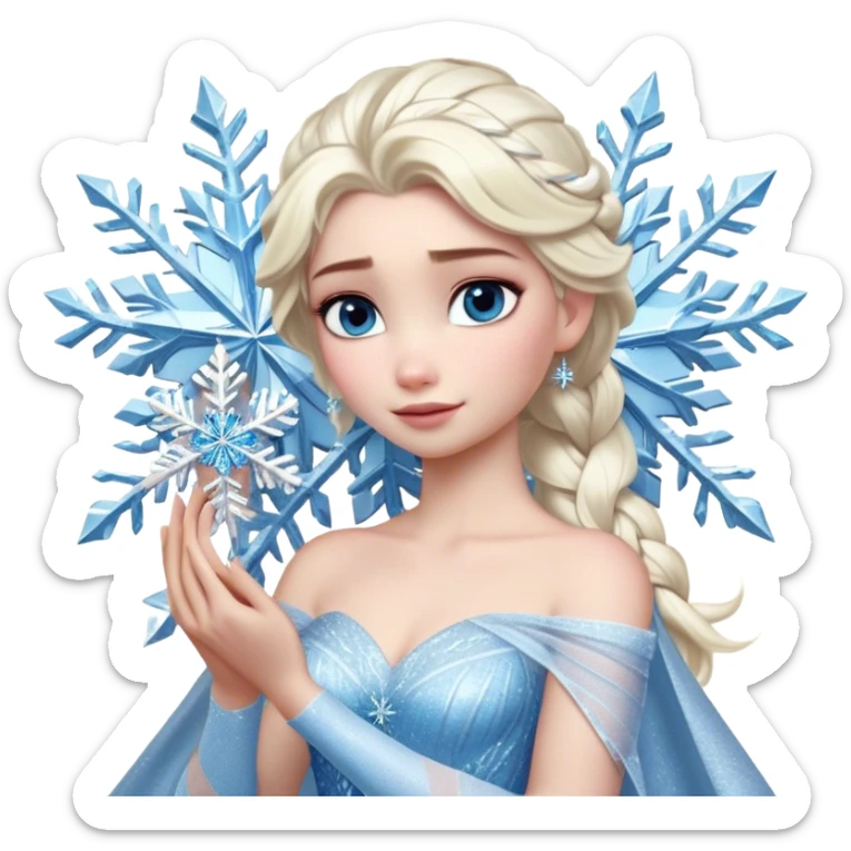 Cinematic Realistic Elsa Portrait, depicted with lifelike skin texture, soft natural lighting, and intricately detailed platinum blonde hair styled elegantly. Her striking, expressive blue eyes exude confidence and grace, complemented by a serene and regal expression. She holds a shimmering snowflake delicately in one hand, her other hand resting against her gown, embodying the power and beauty of winter. She is dressed in her signature icy attire, with shimmering fabric textures and delicate folds that catch the light beautifully. The portrait features a soft, enchanting glow with a cool, radiant finish, capturing the essence of timeless elegance in a realistic and painterly style. sticker