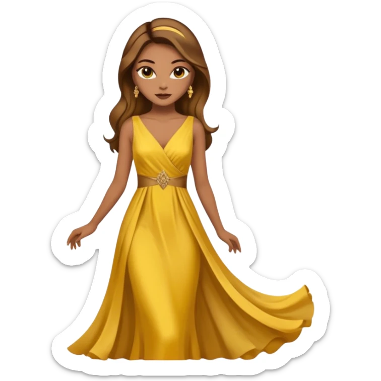 Woman using a long elegant yellow dress. She has medium skin tone and a brown with gold makeup sticker