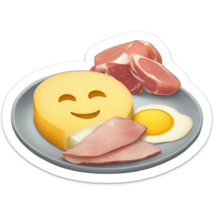 A big Melting raclette cheese in a plate with a little piece of ham and 4 potatoes  sticker