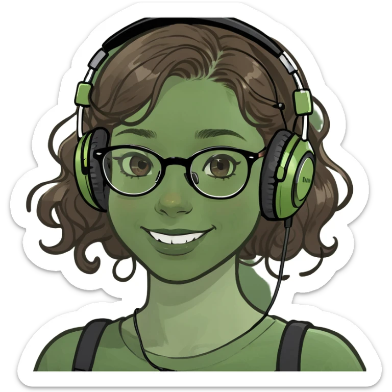 White girl wearing headphones with wavy brown hair and full and layers cut with full cheeks with beauty mark on the left cheek and braces and glasses  sticker