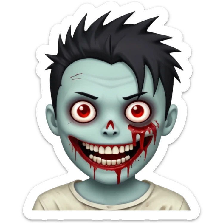 zombie boy with emo spiky hair, white skin, and white eyes; an open smile, and bloodied teeth; sticker