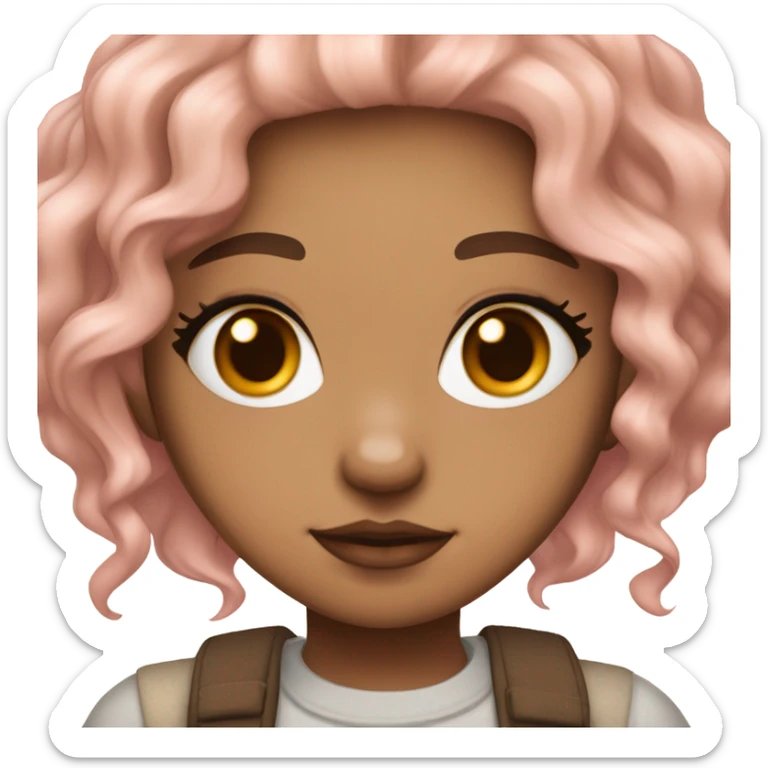medium tan girl, pale pink and orange hair, wavy hair, brown eyes and long lashes, small plump lips with cherry tint, pink blush cute, brown eyeliner, mole in the cheek, lip piercing, cute grunge clothes sticker