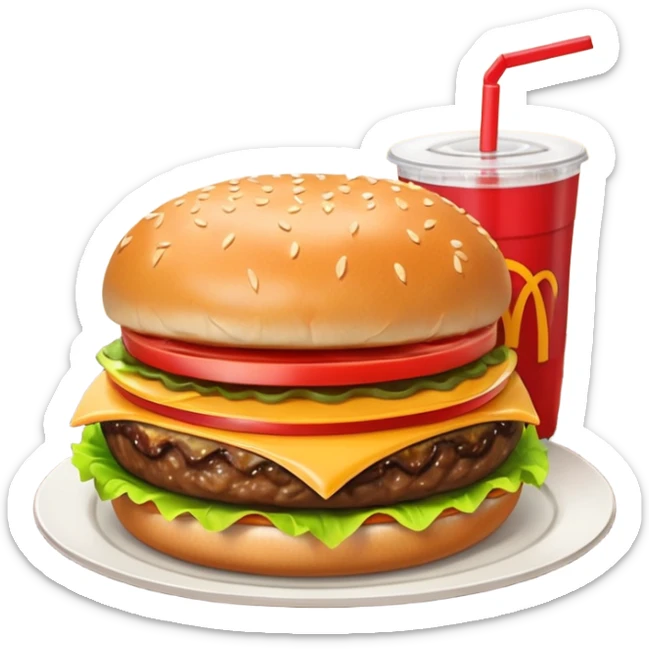 i want a Cheeseburger and Fries with a angle to 15–20° gentle bird’s-eye angle with a cold drink with ice cube with straw with some fries thicker like McDonald's french fries sticker