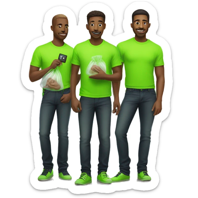 group of men in neon green shirts holding a small clear bag in one hand and a key in the other sticker